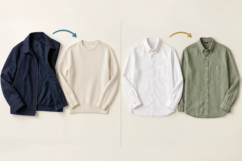 Flat-lay comparison of a navy jacket beside a cream sweater and two replacement shirts with arrows between the garments.