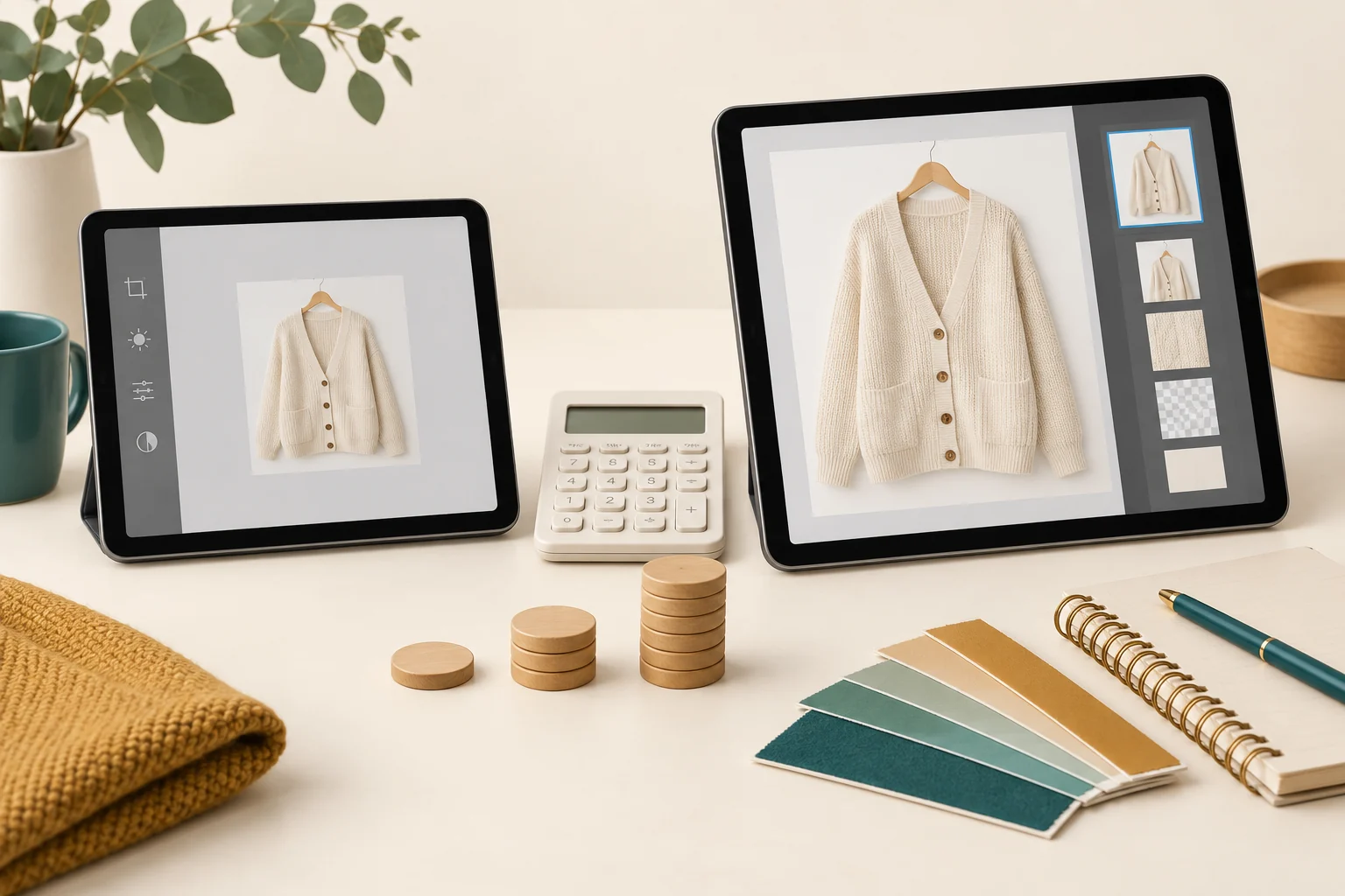 Two tablets displaying a cardigan at different workspace sizes beside a calculator, budget tokens and a fabric swatch.