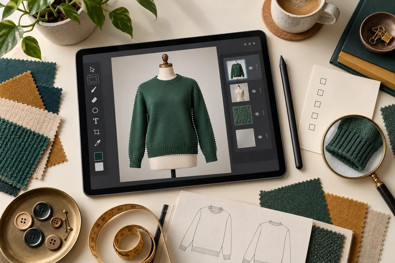 Apparel retouching workstation with a tablet displaying a green sweater, a stylus, textile swatches and a magnified stitched cuff.