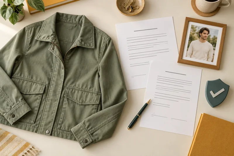 Jacket product photograph, permission forms with signature lines, a pen and a teal shield with a checkmark on an ivory desk.