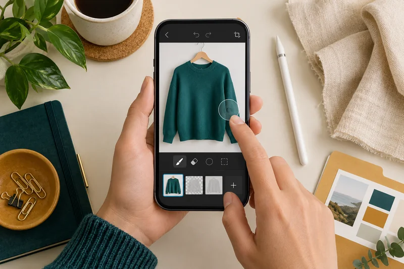 Adult hand holding a phone with a sweater photo editing workspace beside a stylus, linen swatch and file folder.