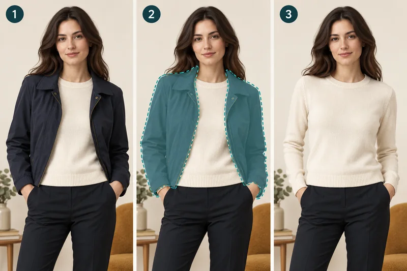 Three views of an adult wearing a navy jacket, a garment selection overlay, and a cream sweater after the outer-layer edit.