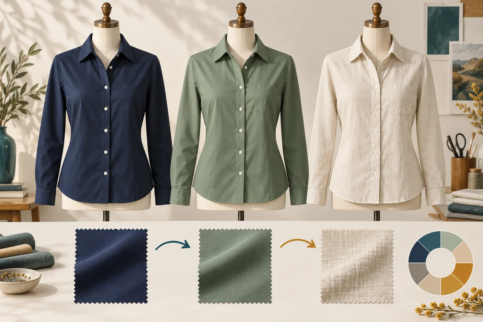 Three dress forms wearing navy, sage and cream shirts beside matching fabric swatches and a colour wheel.